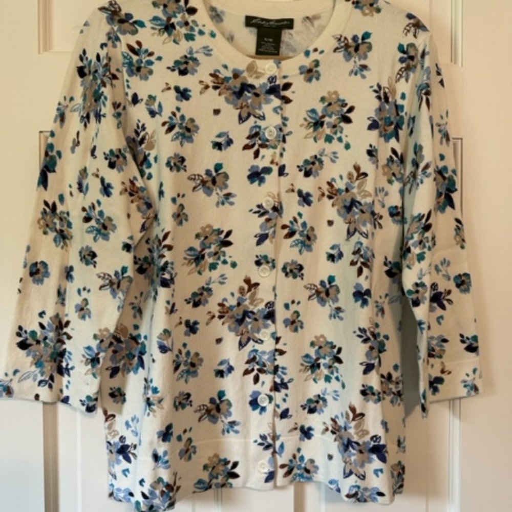 Eddie Bauer Cream Floral Button-Front Cardigan with Blue and Brown Flowers